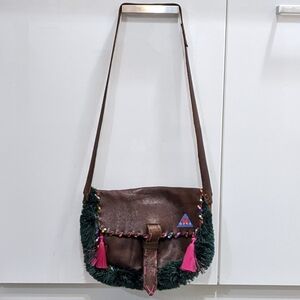 Handcrafted Brown Leather Boho Beaded Fringe Crossbody Bag